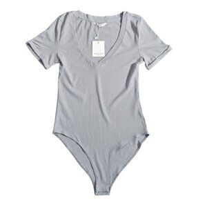 NWT | MANGOPOP Heather Gray V-Neck Bodysuit | Snap Bottom | Short Sleeve | XS